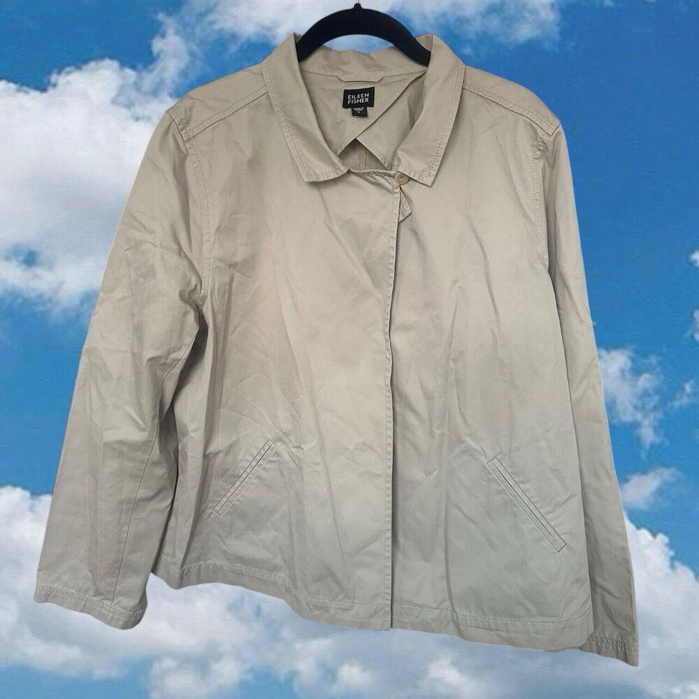 Eileen Fisher Large Khaki Brown Cotton Top One Button Open Blazer Jacket